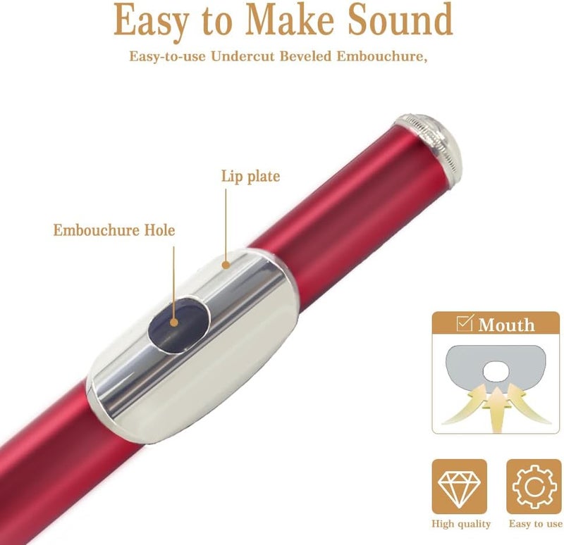 YANASON Red C Flute Closed Hole 16 Keys Flute Nickel-Plated for Beginner, Student and Professionals with Carrying case, Metal stand, Gloves, Tuning Rod, Cleaning kit(Red) - Image 5